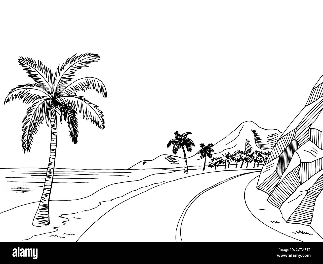 Illustration d'un dessin de paysage noir blanc sur la route de la côte de mer vecteur Illustration de Vecteur