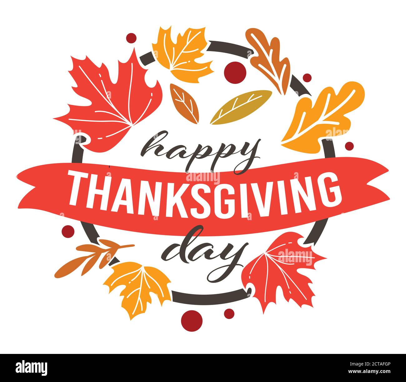 Bonne bannière de Thanksgiving avec feuilles d'automne et ruban Illustration de Vecteur