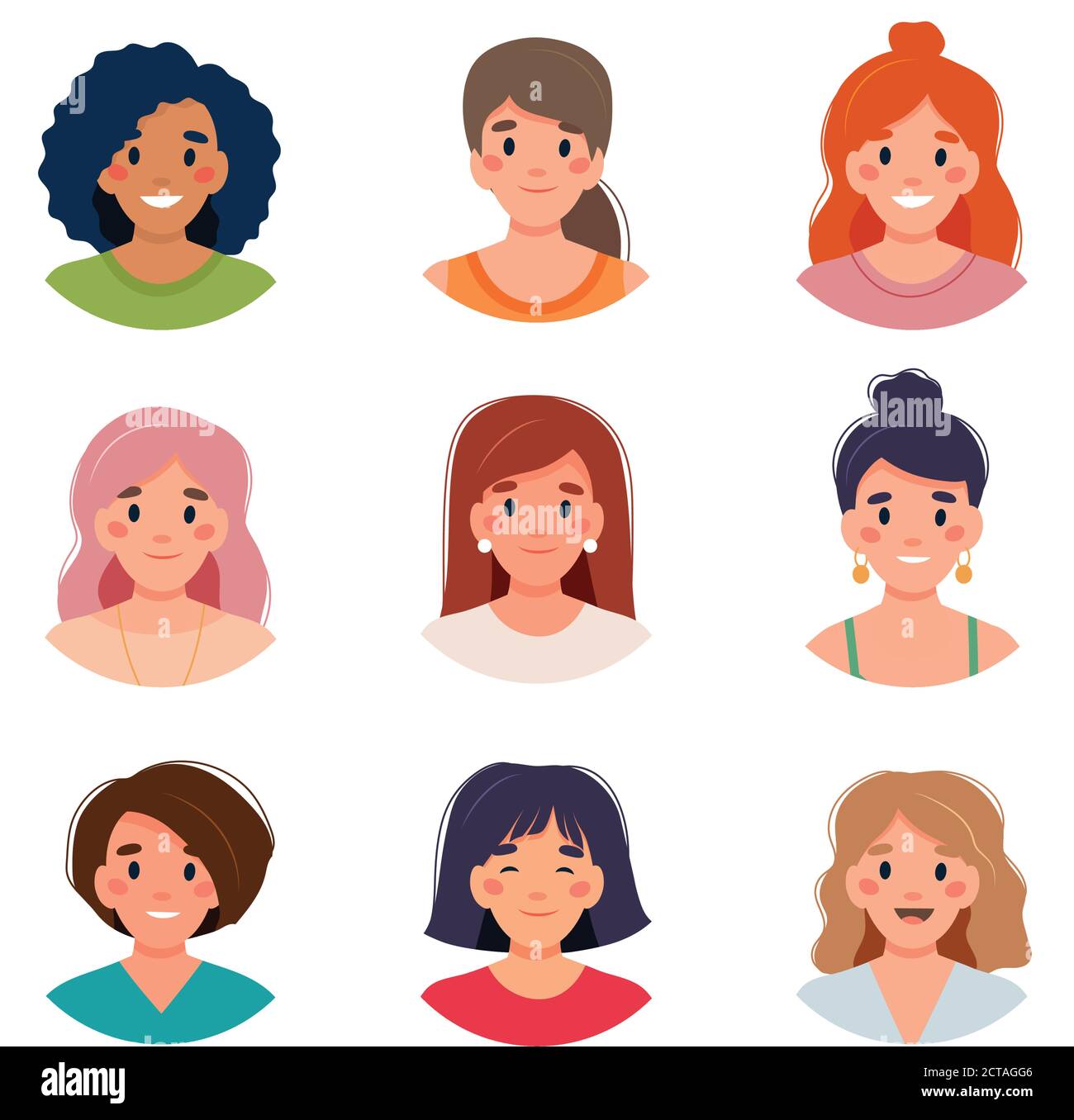 Ensemble d'avatar pour femmes. Groupe de diversité de jeunes femmes mignons. Illustration vectorielle de style plat Illustration de Vecteur