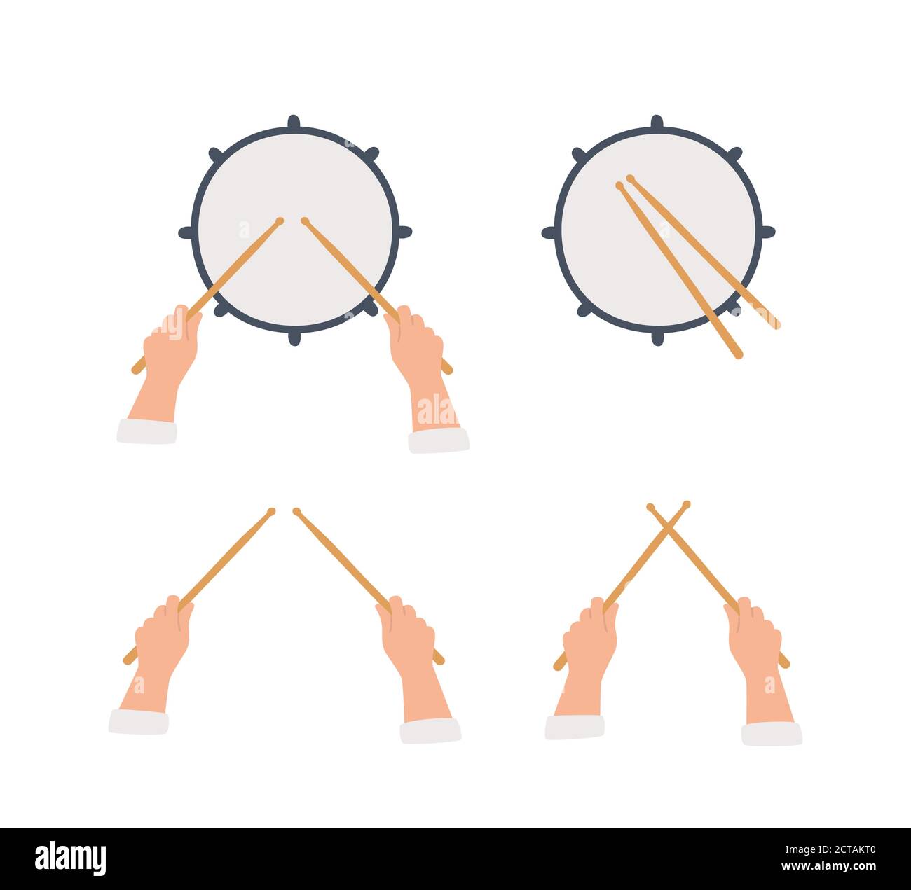 Tambour tiré à la main et mains tenant des pilons. Vue de dessus. Illustration vectorielle de style plat et dessin animé Illustration de Vecteur