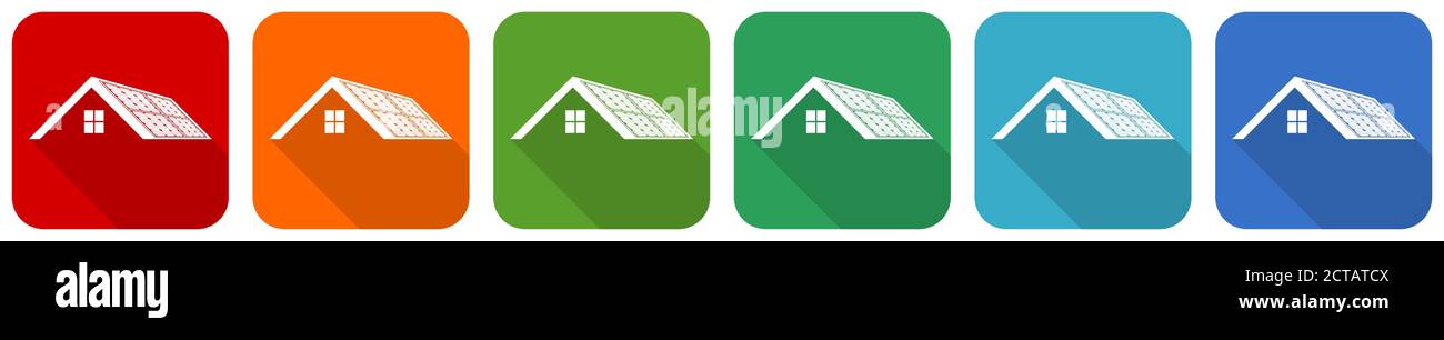 Panneaux solaires sur le toit d'une maison, énergie propre, jeu d'icônes de puissance, illustration de vecteur de conception plate en 6 couleurs options pour webdesign et application mobile Illustration de Vecteur