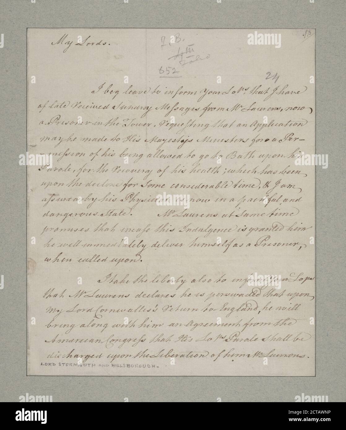 Lettre aux Lords Stormont et Hillsborough, texte, documents, 1781, Oswald, Richard Banque D'Images