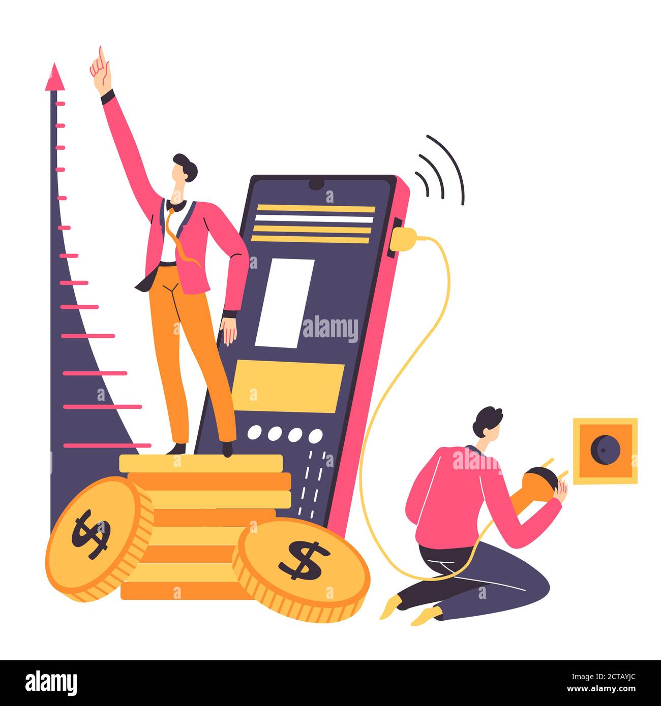Croissance des bénéfices, homme d'affaires avec un employé utilisant un smartphone pour réussir Illustration de Vecteur