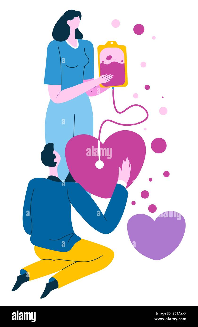 Transfusion sanguine ou don de sang, bénévolat pour les hôpitaux ou les cliniques Illustration de Vecteur