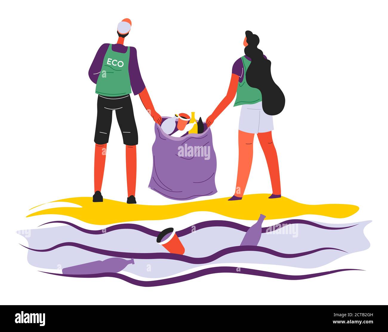 Bénévolat des gens de collecte de déchets par le bord de mer, volontaires vecteur Illustration de Vecteur