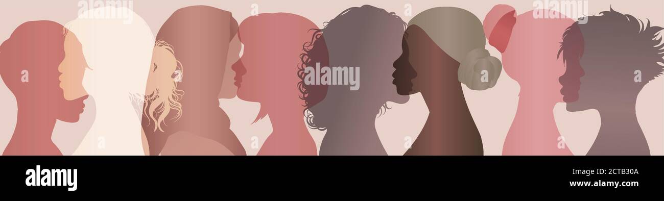 Groupe de communication de la diversité multiethnique les femmes et les filles font face à la silhouette Profile.réseau social féminin communauté de culture diversifiée.parlez et partagez Illustration de Vecteur