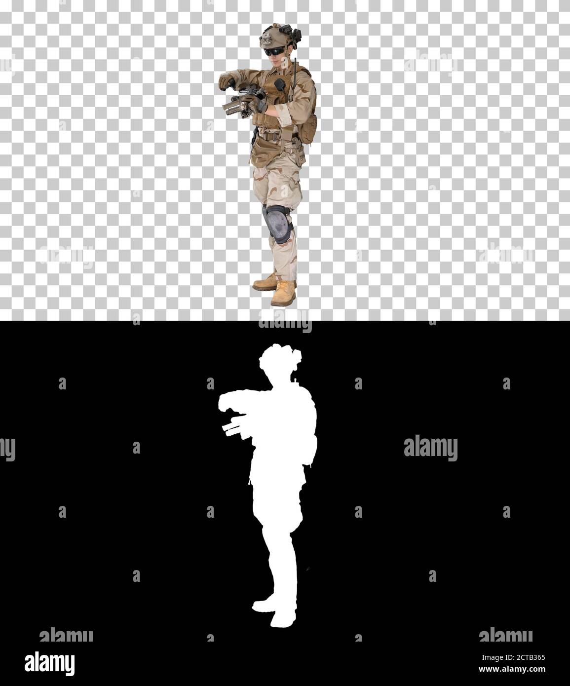 Soldat en tenue de camouflage vérifiant son uniforme, Alpha Channel W Banque D'Images