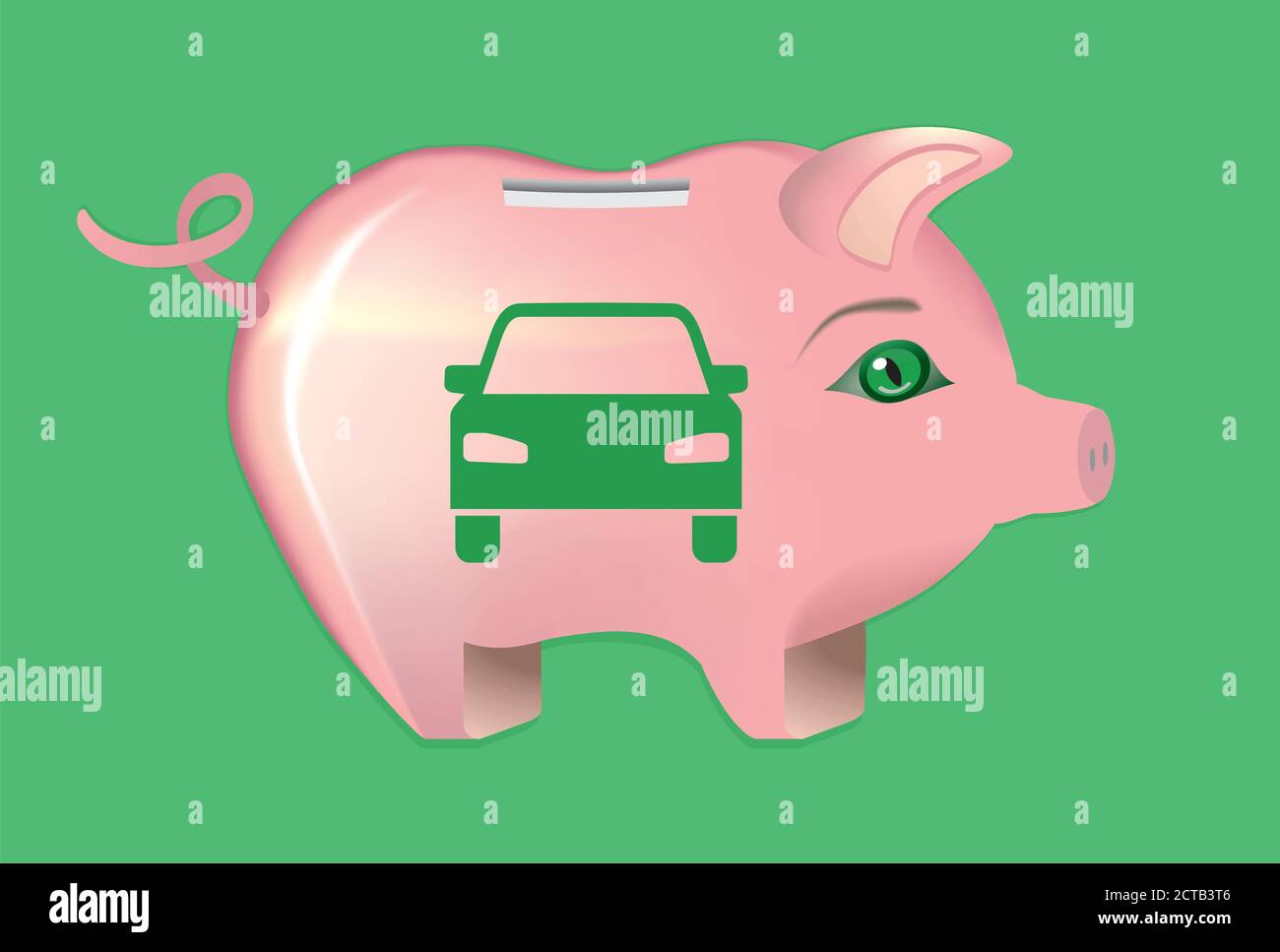 Banc de porc rose avec voiture verte. Illustration vectorielle, eps10. Illustration de Vecteur