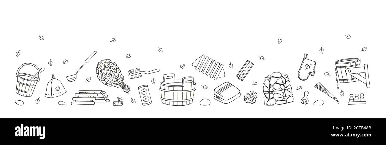 Prospectus avec bain et accessoires de sauna dessinés à la main. Bain et balai de bouleau, support pour pot et chapeau, thermomètre, masseur et autre. Illustration vectorielle Illustration de Vecteur