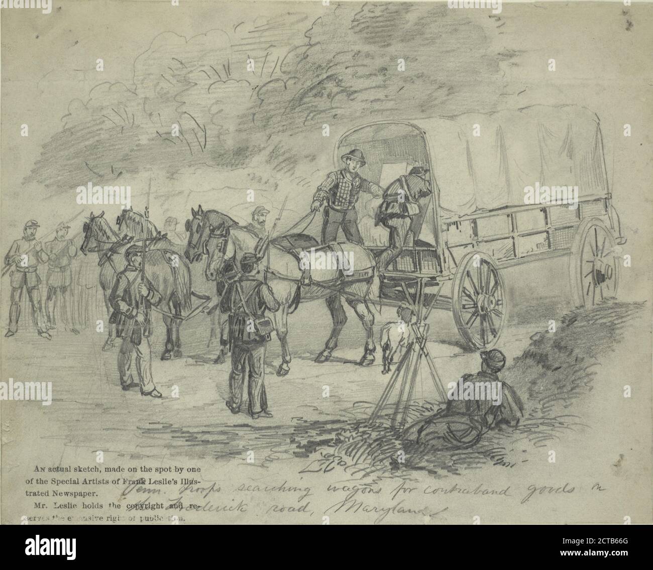 Des troupes de Pennsylvanie à la recherche de wagons pour des marchandises de contrebande sur le chemin Frederick, M.D., STILL image, Sketches, 1861 - 1864, Schell, Francis H. (1834-1909 Banque D'Images