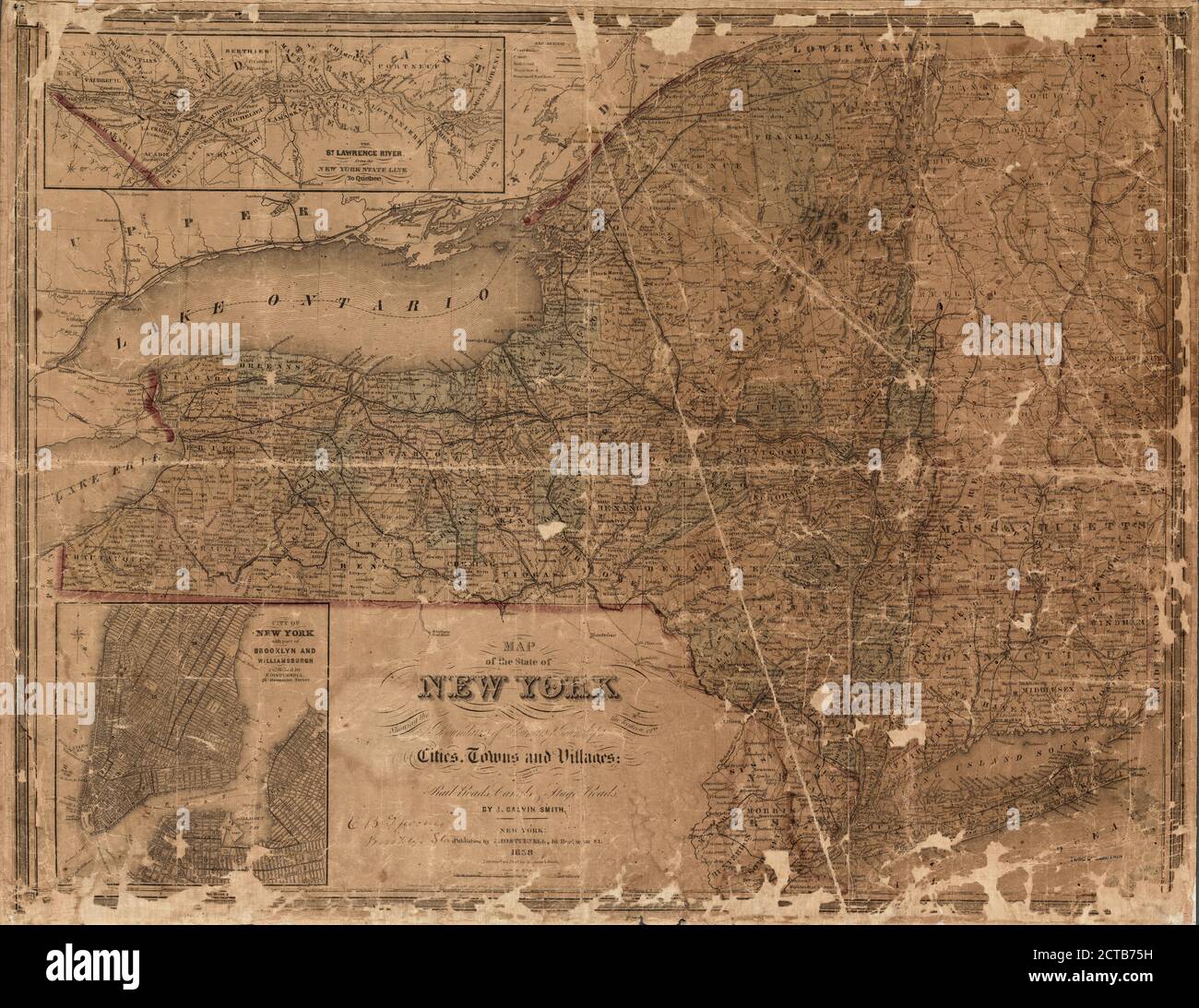 Carte de l'état de New York montrant l'emplacement des limites des comtés et des cantons, des villes, des villes et des villages, des chemins de fer, des canaux et des chemins de scène, cartographie, cartes, 1858, Smith, J. Calvin (John Calvin), Sherman & Smith Banque D'Images