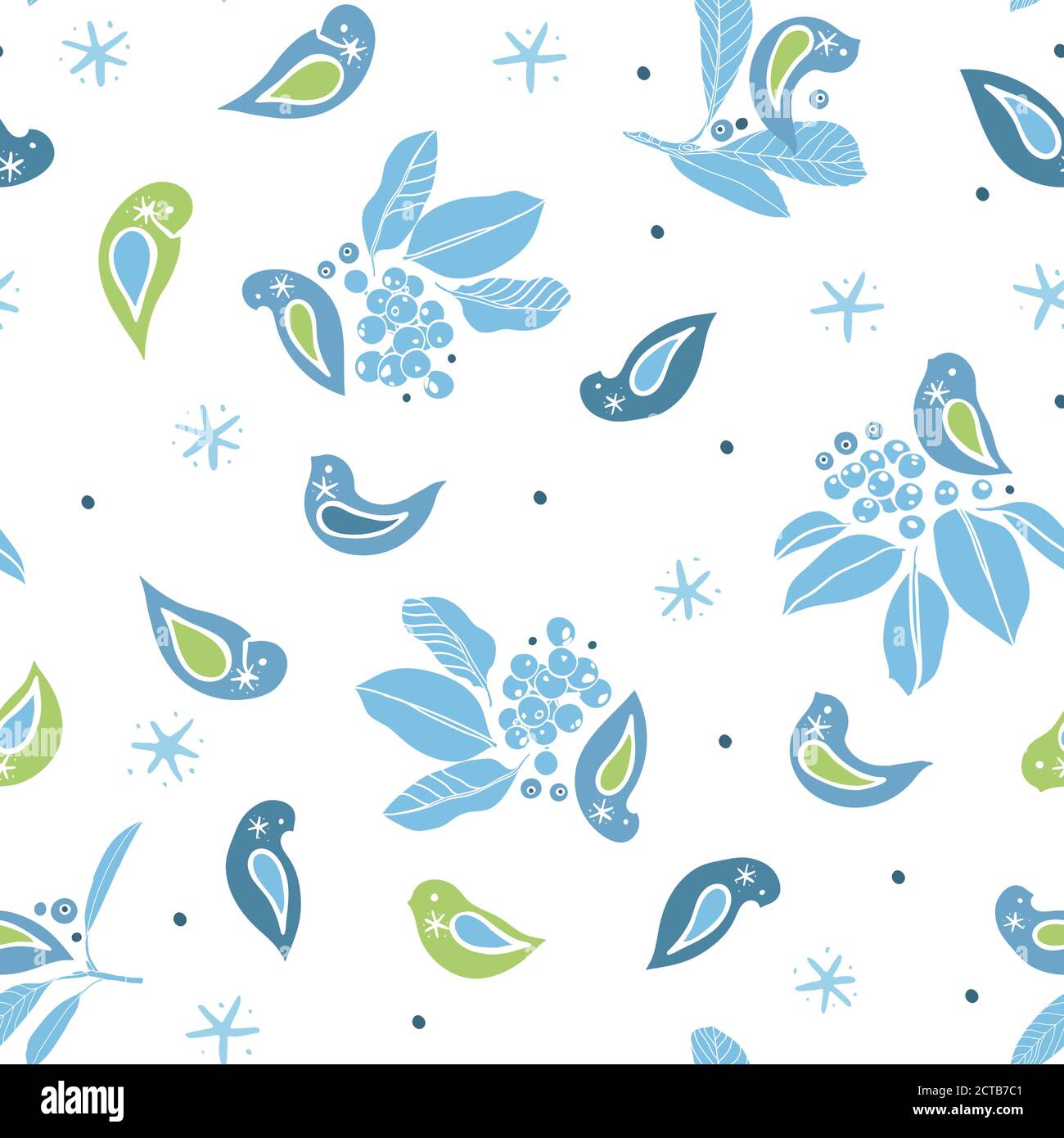 Motif oiseau de baies d'hiver mignonne à motif vectoriel. Dessin de style art folklorique dessiné à la main avec oiseau, plante et flocons de neige dans des tons bleus. Impression sur toute la page. Parfait pour noël et les vacances d'hiver. Illustration de Vecteur