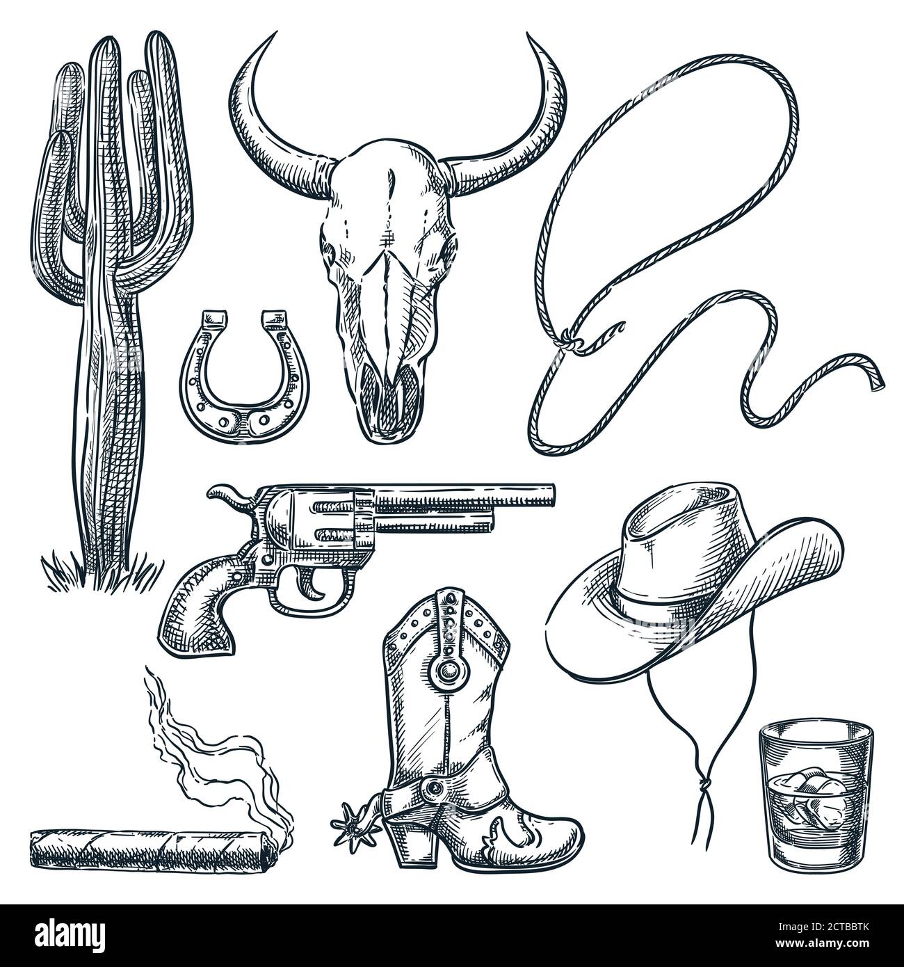 Symboles vintage Wild West isolés sur fond blanc. Illustration d'esquisse vectorielle dessinée à la main. Chapeau de cowboy et bottes de protection, crâne de vache et icône rétro de canon Illustration de Vecteur