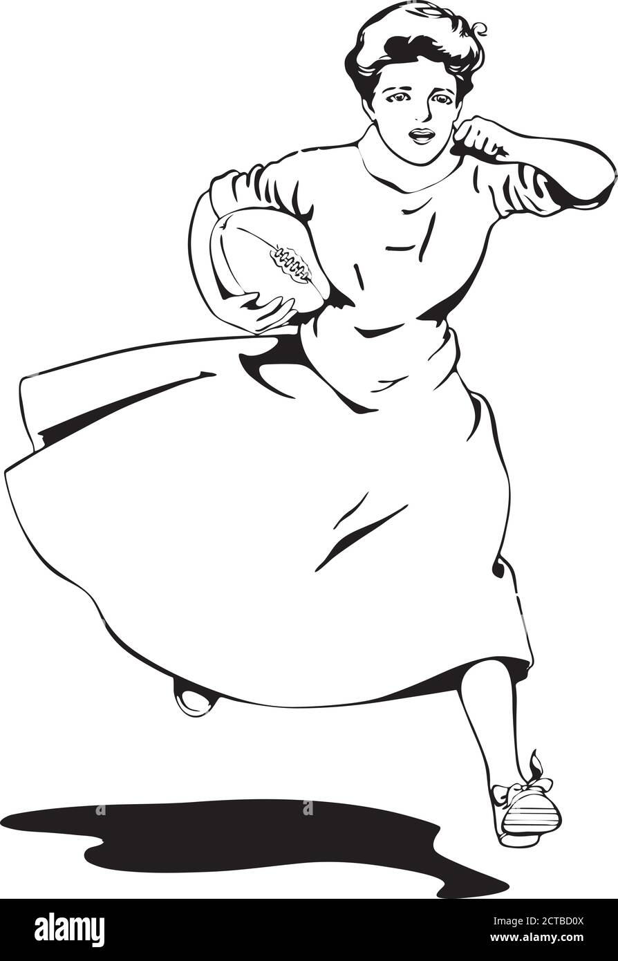 Vecteur du sport rétro. Femme de 1900 jouant au football, Harvard University. Illustration de Vecteur