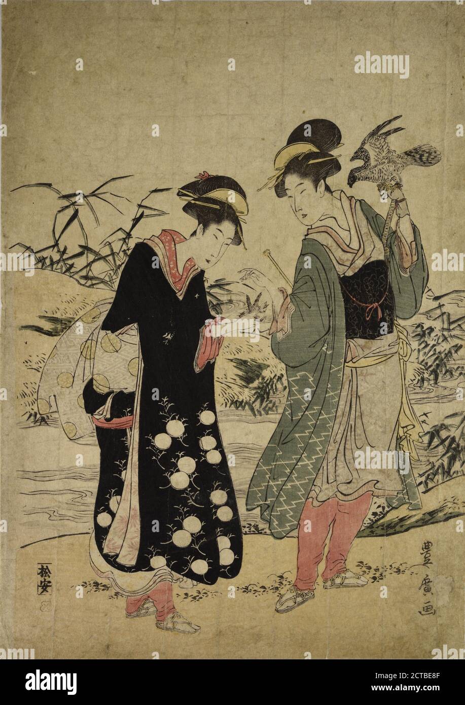 Deux femmes - une tenant falcon, l'autre un petit oiseau, image fixe, impressions, 1781 - 1828 Banque D'Images