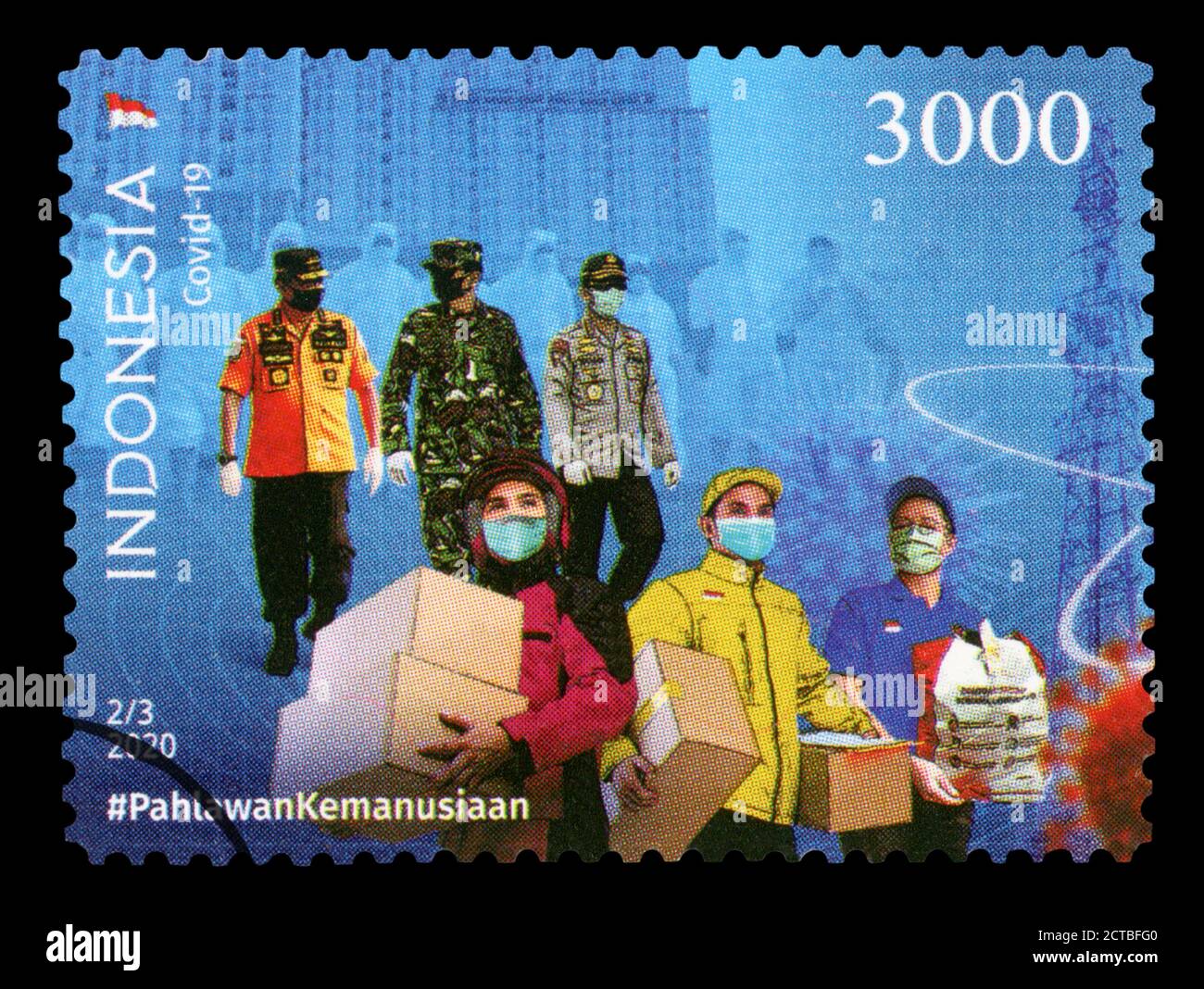 INDONÉSIE – VERS 2020 : un timbre-poste imprimé en Indonésie montrant une vie d'image pendant la pandémie de COvid-19, vers 2020. Banque D'Images