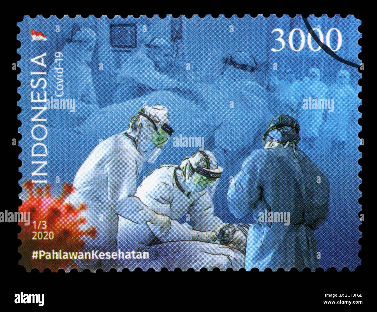 INDONÉSIE – VERS 2020 : un timbre-poste imprimé en Indonésie montrant une vie d'image pendant la pandémie de COvid-19, vers 2020. Banque D'Images