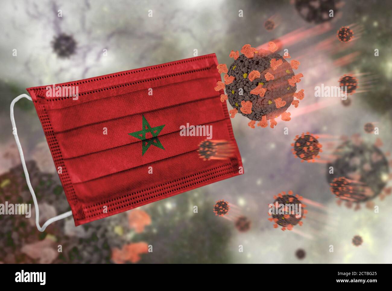 Masque facial avec drapeau du Maroc, défendant le coronavirus Banque D'Images