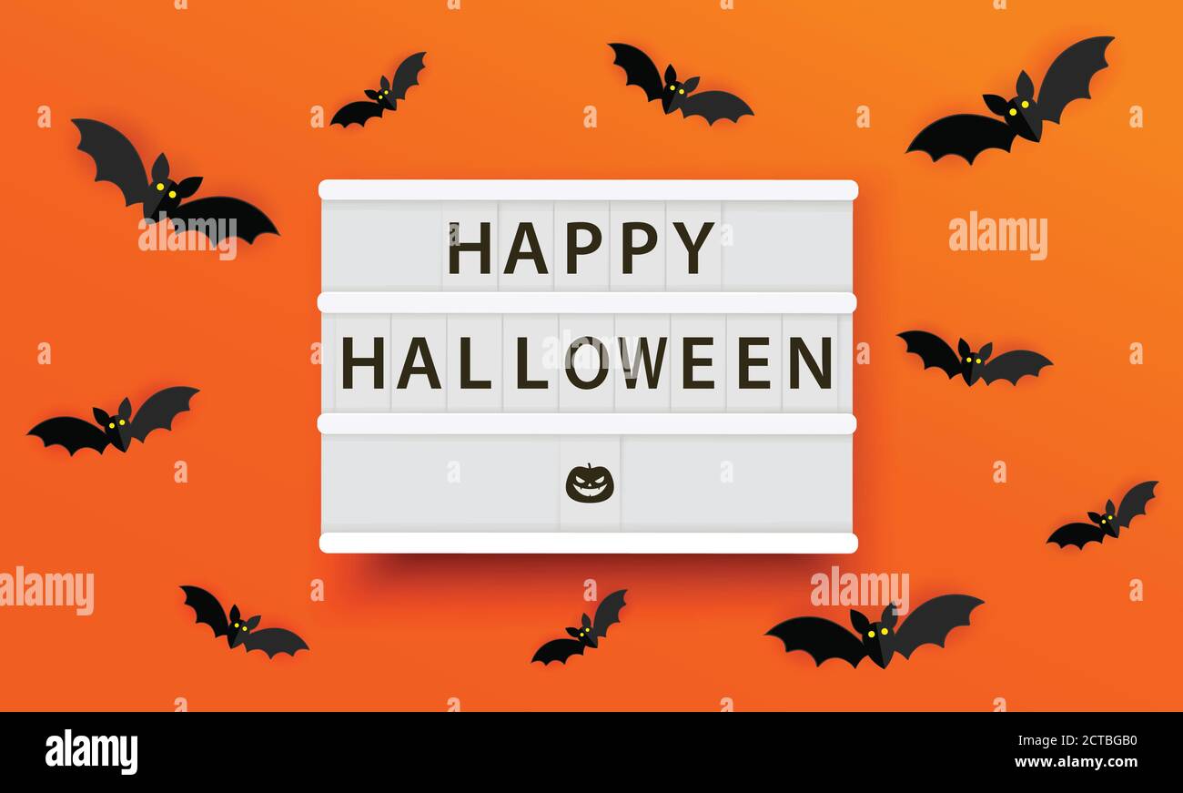Illustration vectorielle de la visionneuse Happy halloween. Affiche d'Halloween avec bates sur fond orange. Bannière ou modèle effrayant. Illustration de Vecteur
