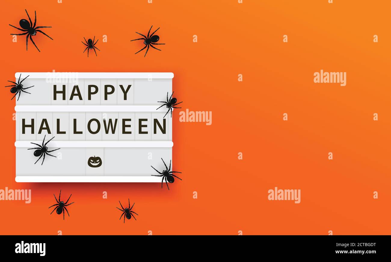 Illustration vectorielle de la visionneuse Happy halloween. Affiche d'Halloween avec araignées sur fond orange. Bannière ou modèle effrayant. Illustration de Vecteur