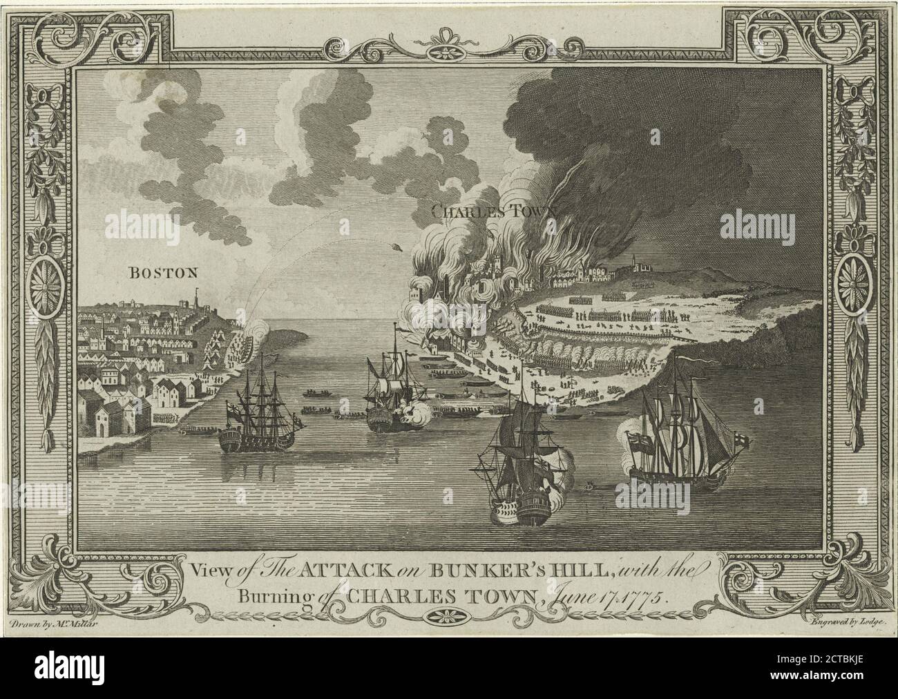 Vue de l'attaque sur Bunker's Hill, avec l'incendie de Charles Town, 17 juin 1775, image fixe, 1776 - 1890 Banque D'Images