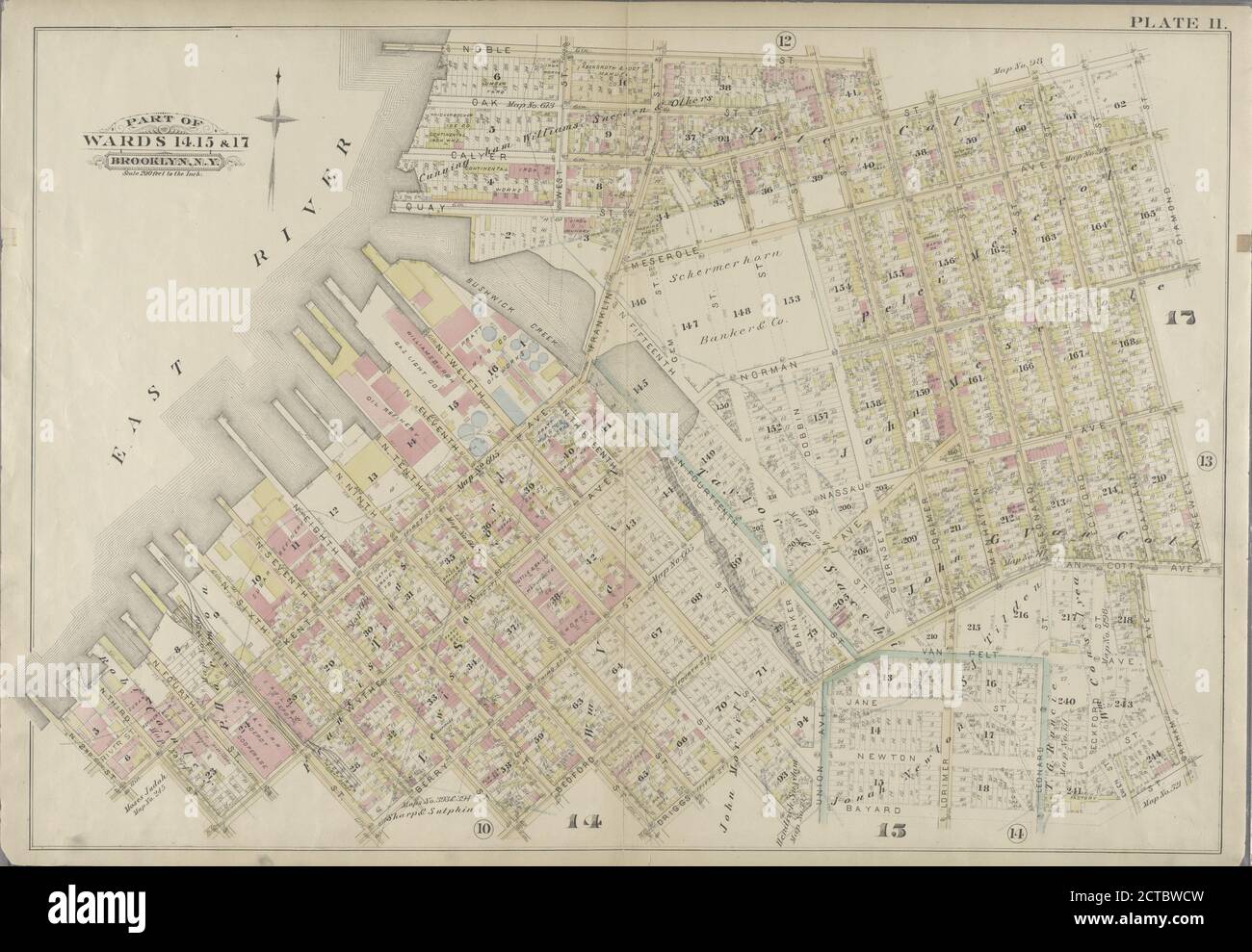 Plaque 11 : délimitée par Noble Street, Manhattan Avenue, Calyer Street, Diamond Street, Norman Avenue, Newell Street, Van Cott Avenue, Graham Avenue, Bayard Street, N. Elevth Street, Driggs Street, N. Ninth Street, Bedford Avenue, N. Seventh Street, Berry Street, N. Fifth Street, Wyethe Avenue, N. Third Street, (East River) Kent Avenue, Franklin Street, Quay Street et West Street., cartographie, cartes, 1886, Robinson, E. (Elisha), Pidgeon, R. H. (Roger H. Banque D'Images