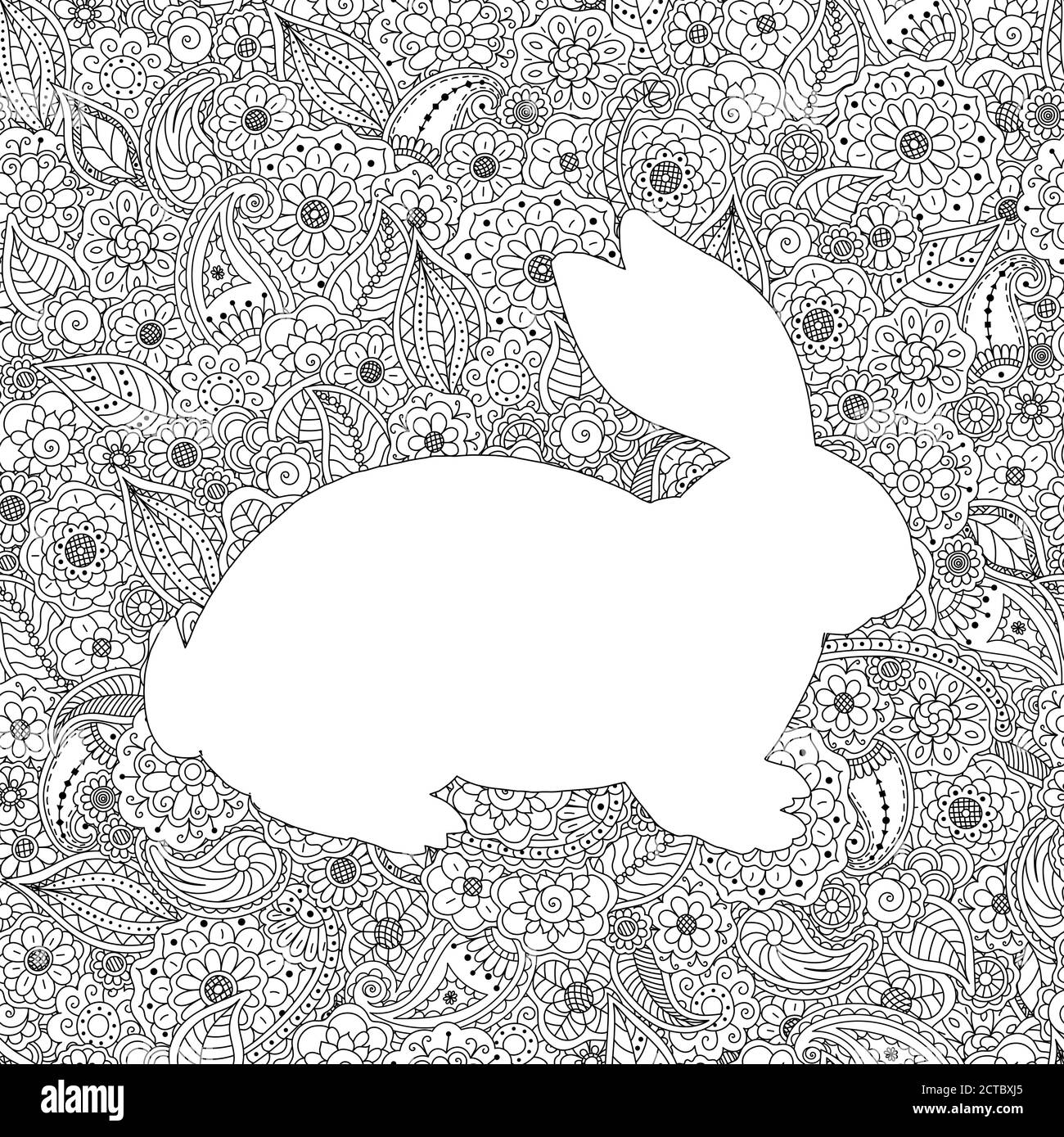 Illustration vectorielle de la silhouette de lapin sur fond floral. Livre de coloriage sans couture antistress. Modèle pour carte de vœux de Pâques Illustration de Vecteur