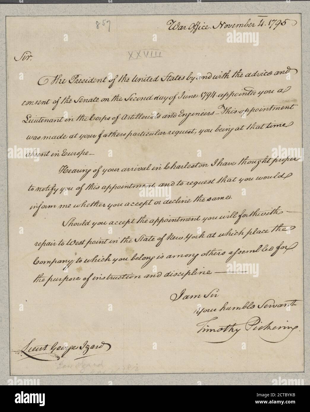 Pickering, Timothy. Bureau de guerre. Au lieutenant George Izard, texte, documents, 1795 Banque D'Images