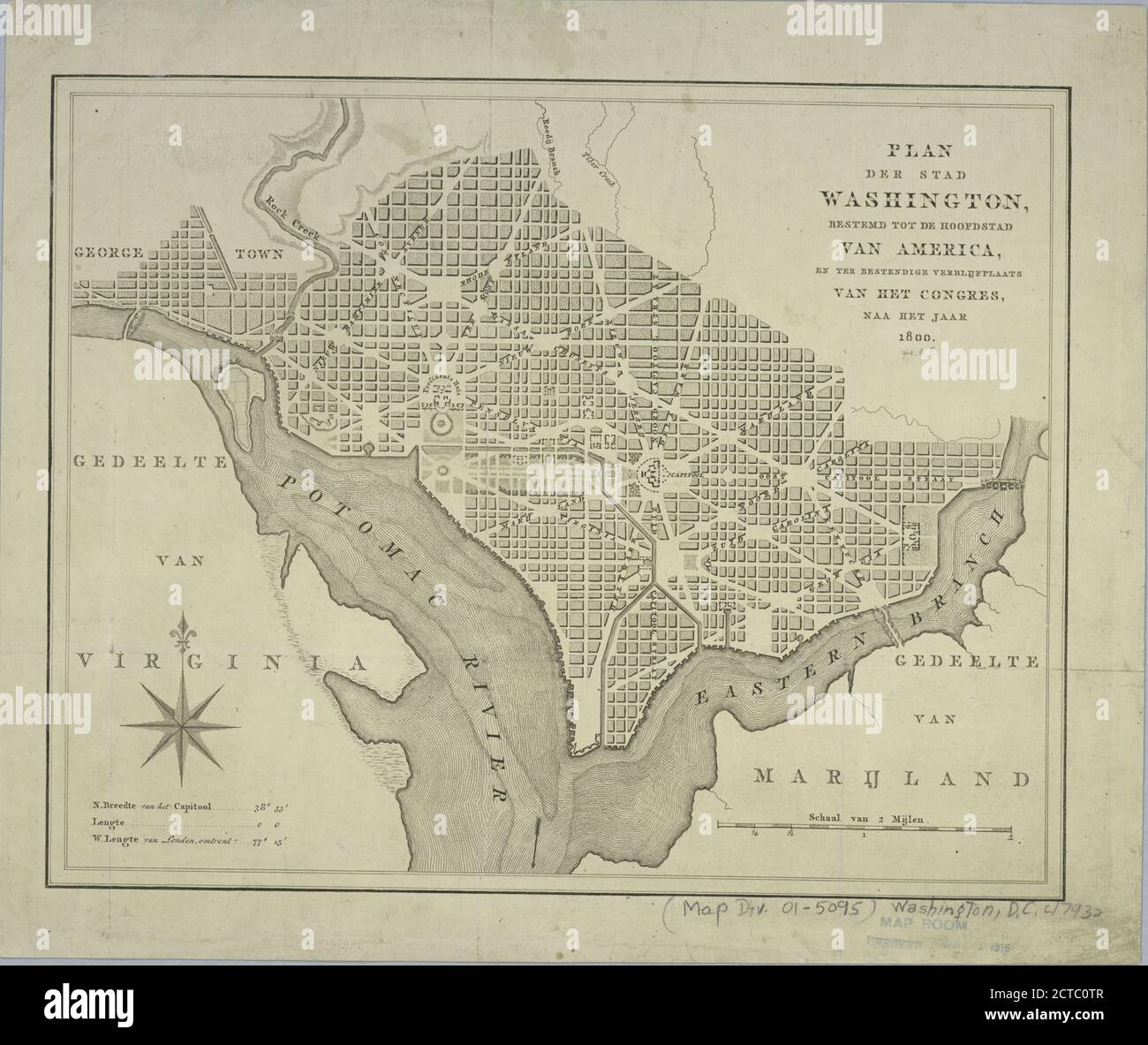 Plan der stad Washington : bestemd tot de hoofdstad van America, en ter bestendige verblijfplaats van het Congres, naa het jaar 1800., image fixe, cartes, 1793, Kroe, A. van der Banque D'Images