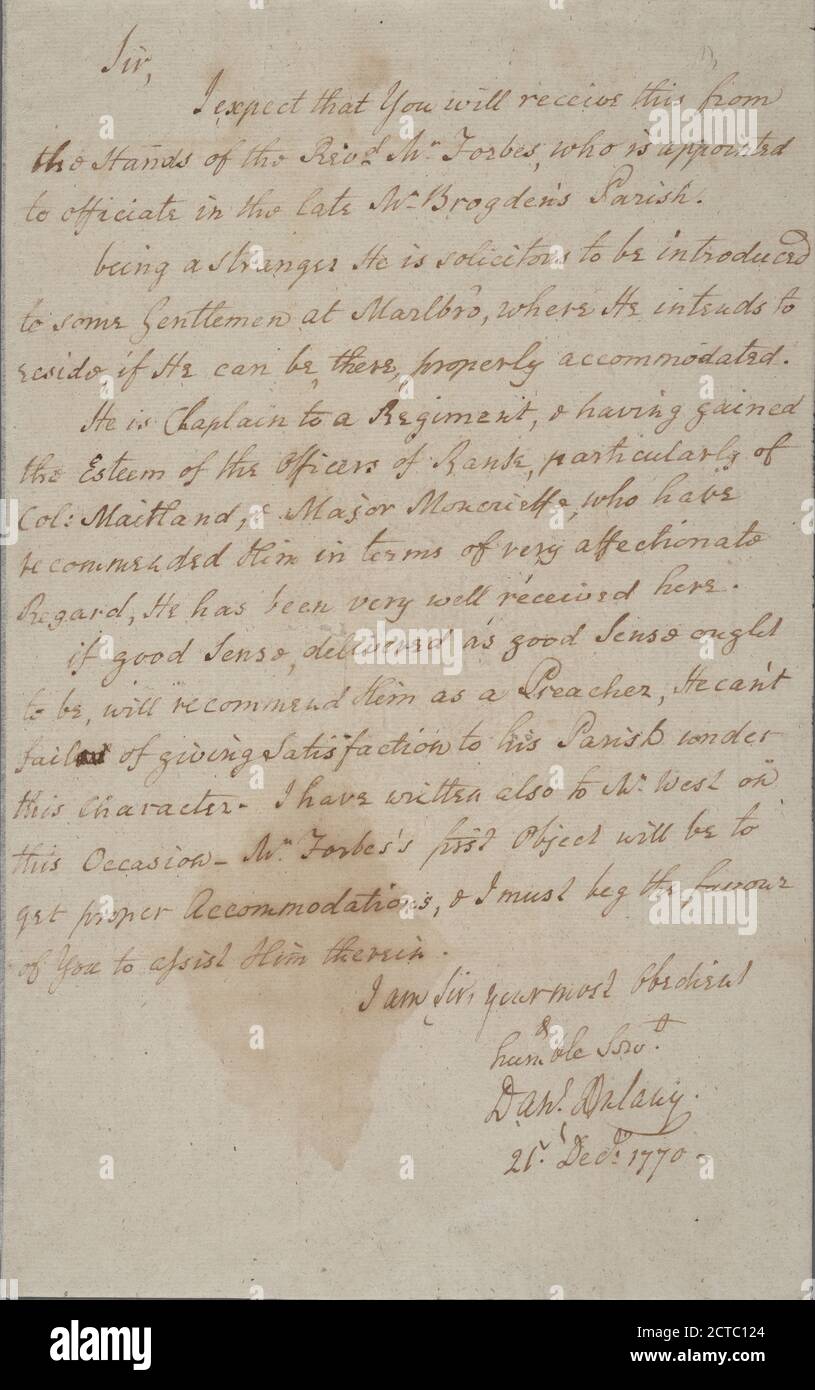 Lettre à Thomas Lee, Upper Marlbro' Md., texte, documents, 1770, Dulany, Daniel Banque D'Images