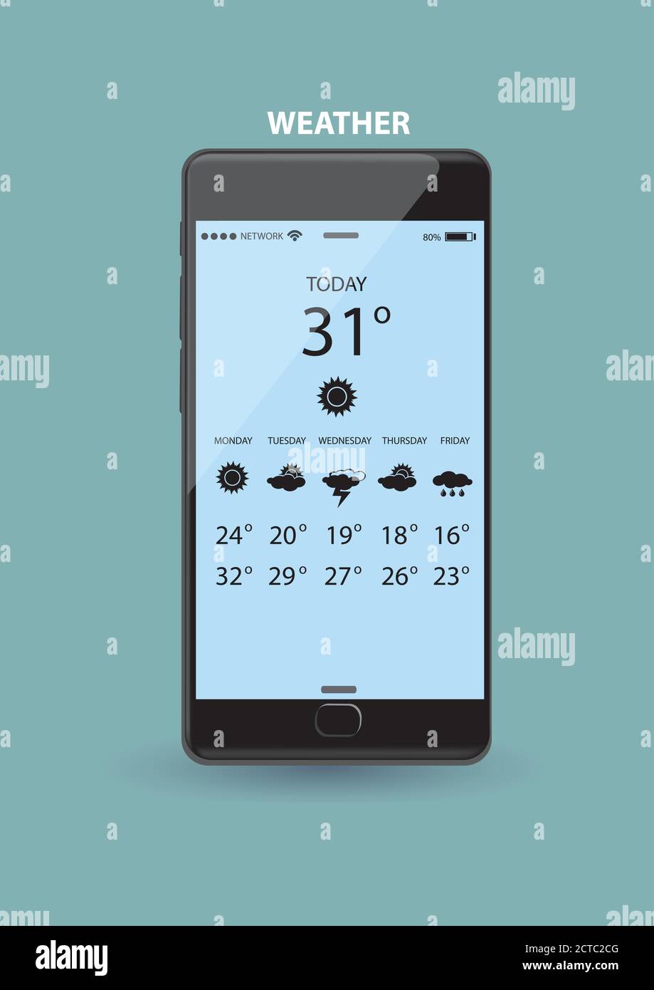 Téléphone portable noir élégant affichant l'application météo à l'écran. Illustration vectorielle isolée sur fond vert Illustration de Vecteur