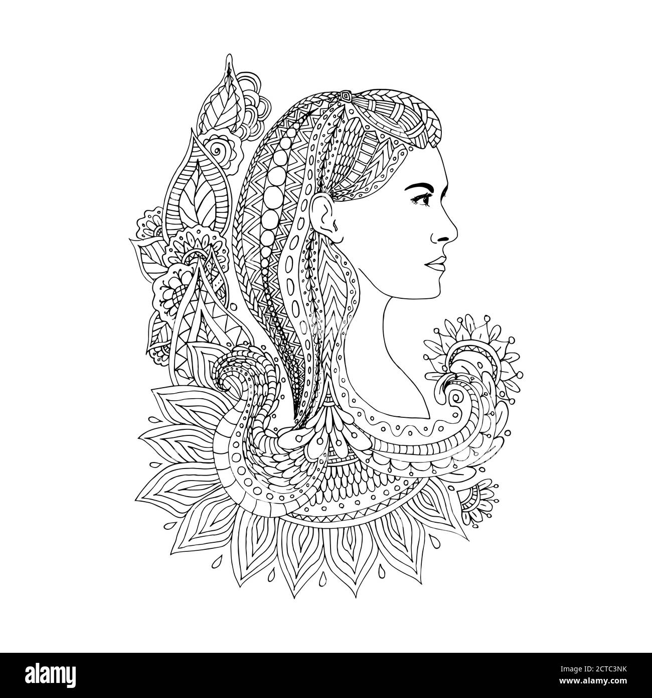 Illustration vectorielle de la tête de la jeune femme avec des cheveux floraux. Livre de coloriage FreeHand anti stress pour adulte Illustration de Vecteur