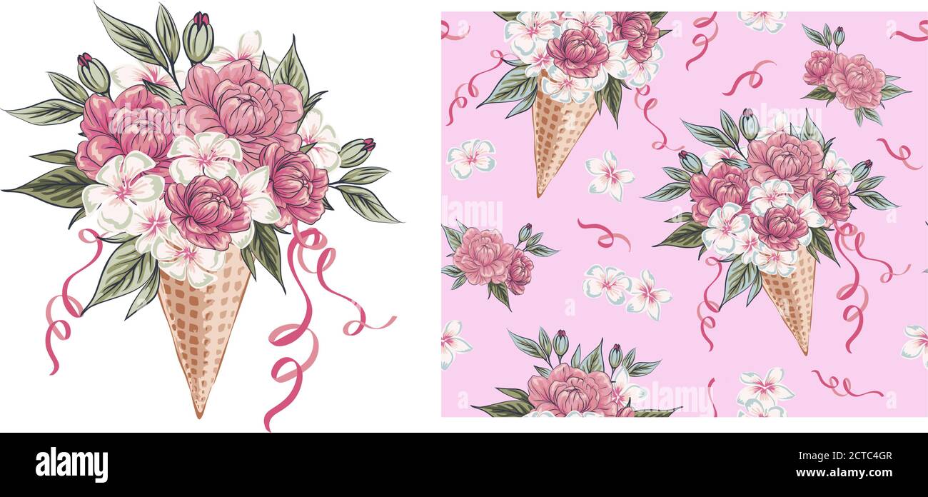 Belle collection de vacances avec un délicat bouquet de fleurs colorées, des branches et des feuilles en glace à cornet gaufré, motif fleuri sans couture avec b Illustration de Vecteur