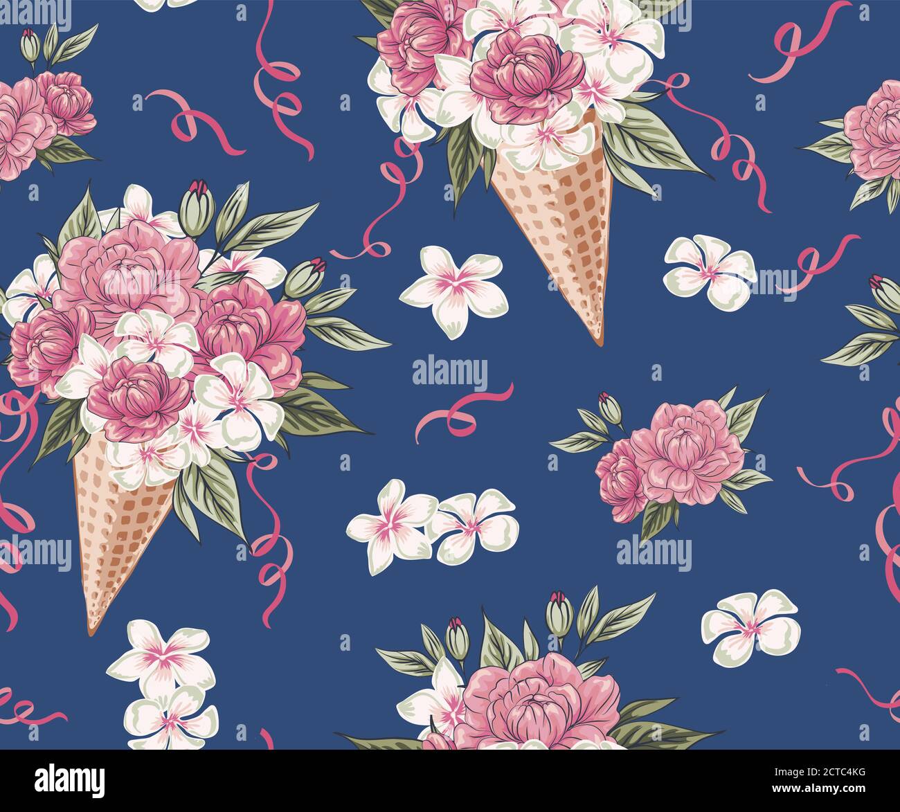 Belle collection de vacances avec un délicat bouquet de fleurs colorées, des branches et des feuilles en glace à cornet gaufré, motif fleuri sans couture avec b Illustration de Vecteur