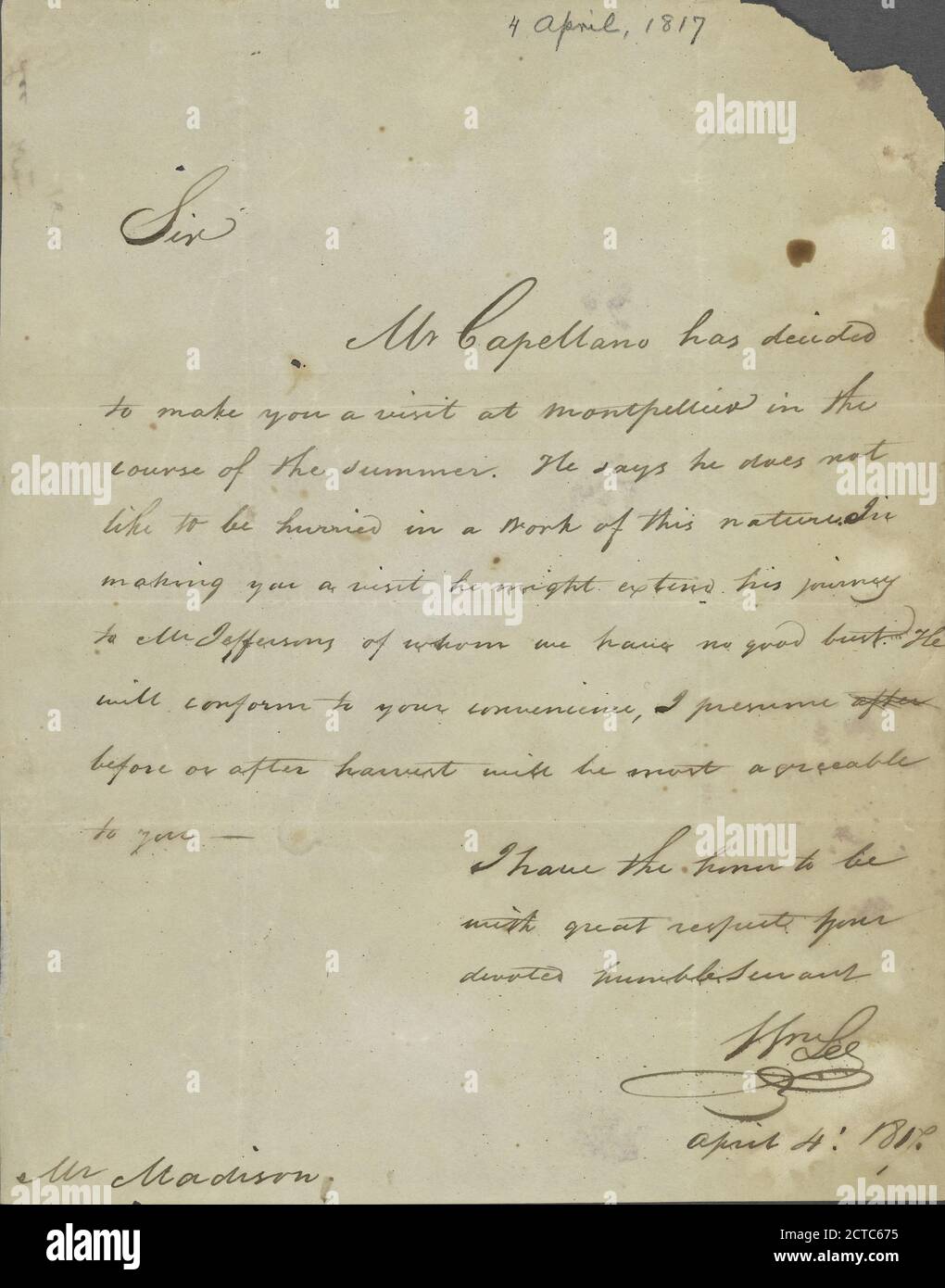 Lettre de William Lee, texte, correspondance, 1817, Lee, William, 1772-1840 Banque D'Images