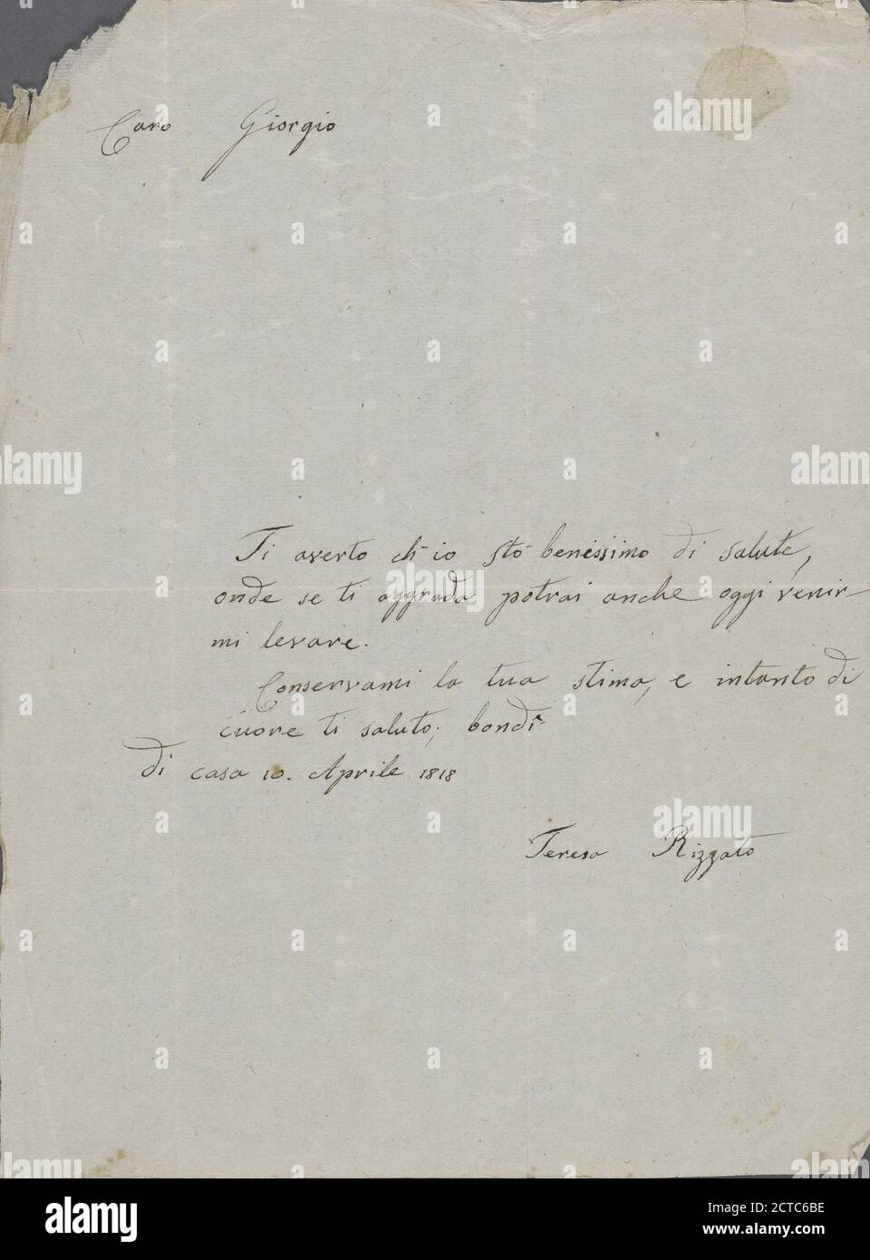 Lettre d'autographe signée à Lord Byron, 10 avril 1818, texte, correspondance, 1818, Rizzato, Teresa Banque D'Images