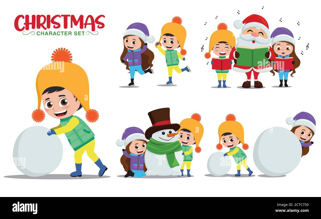 Jeu de caractères vectoriels de Noël. Les personnages de Noël en jouant de la neige, du patinage 