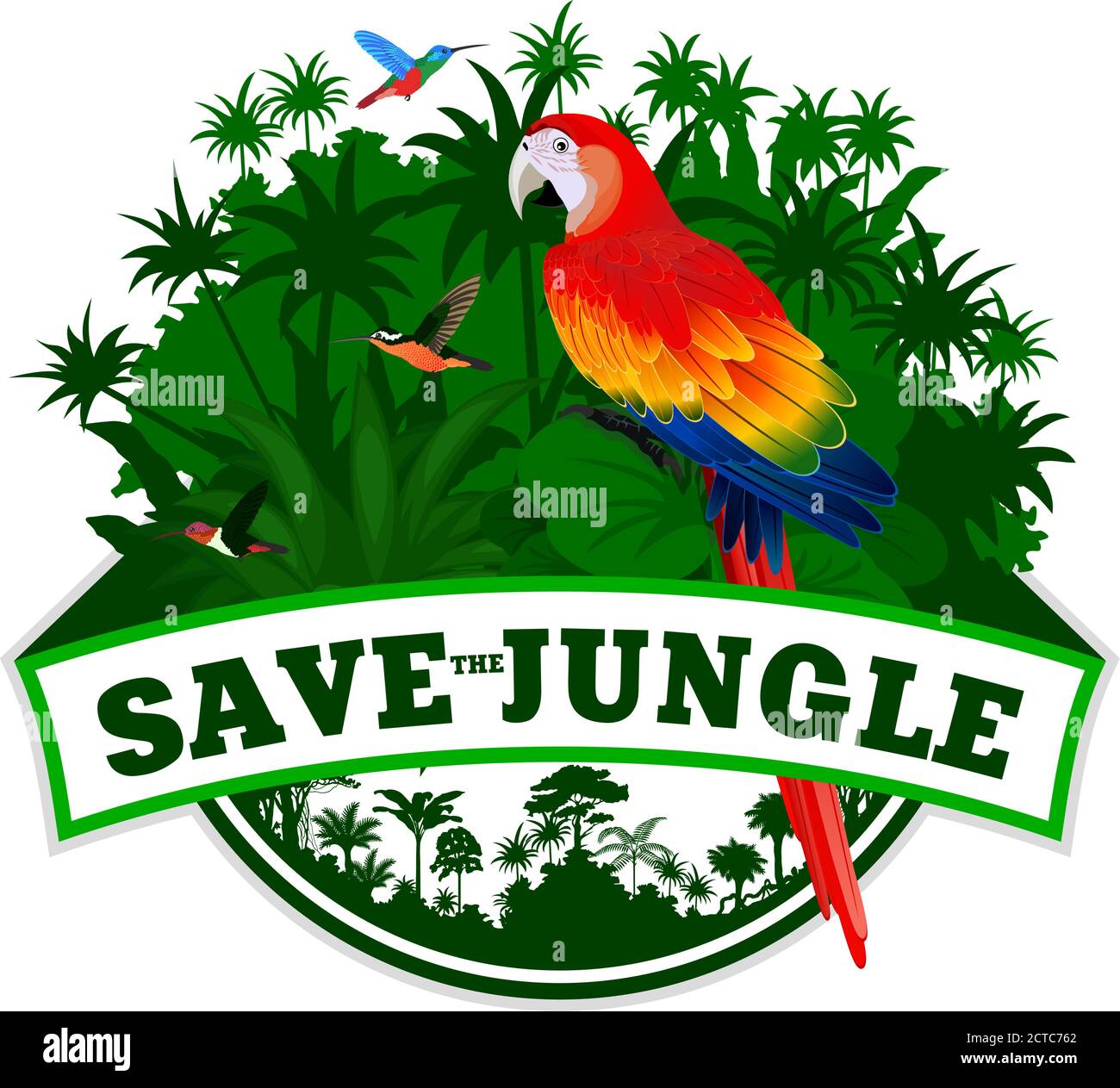 Vector Jungle Emblem avec perroquet Red Macaw (Ara) et colibris Illustration de Vecteur