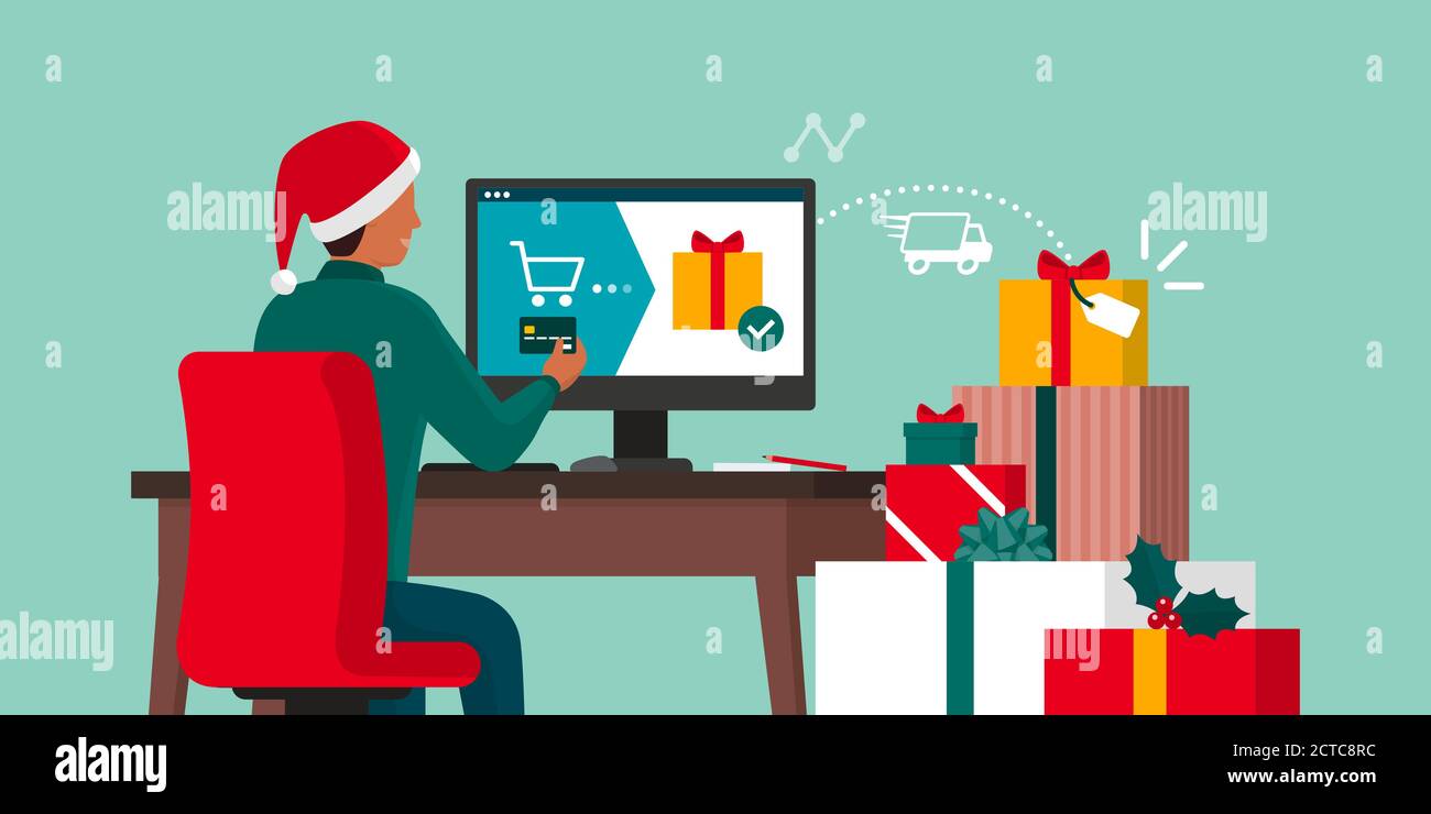 Homme commandant des cadeaux de Noël en ligne à l'aide d'une carte de crédit et une charge de boîtes-cadeaux colorées est livrée à côté de son bureau Illustration de Vecteur