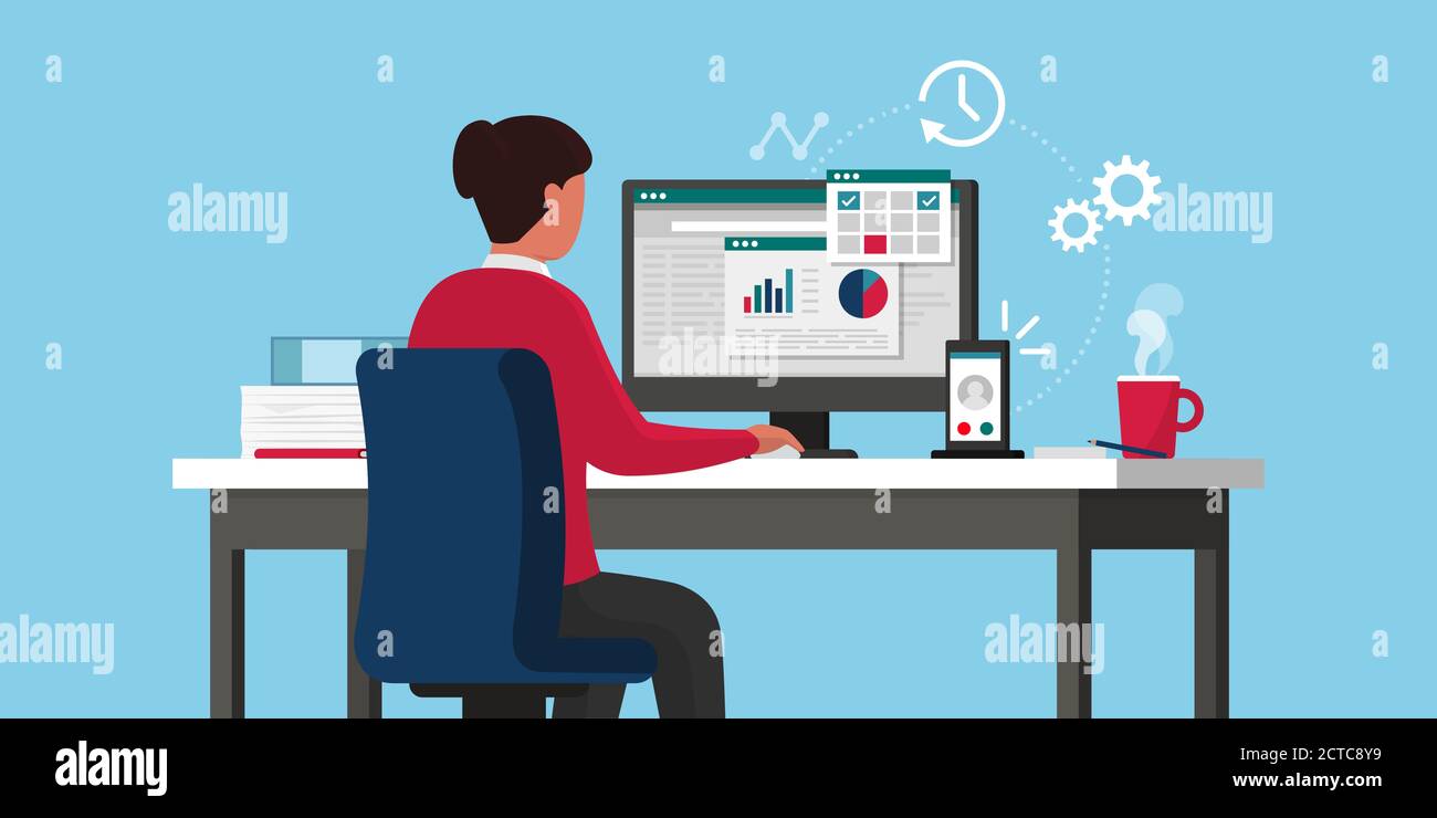 Femme d'affaires efficace travaillant en ligne, elle est assise à un bureau et vérifie les diagrammes d'affaires sur l'ordinateur, le concept de travail à distance Illustration de Vecteur