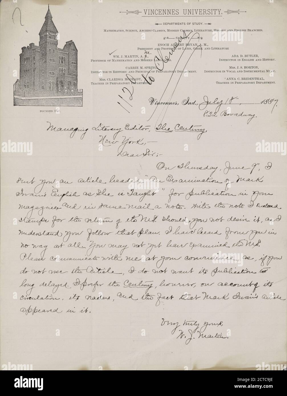 Martin, William J, texte, correspondance, 1887 Banque D'Images