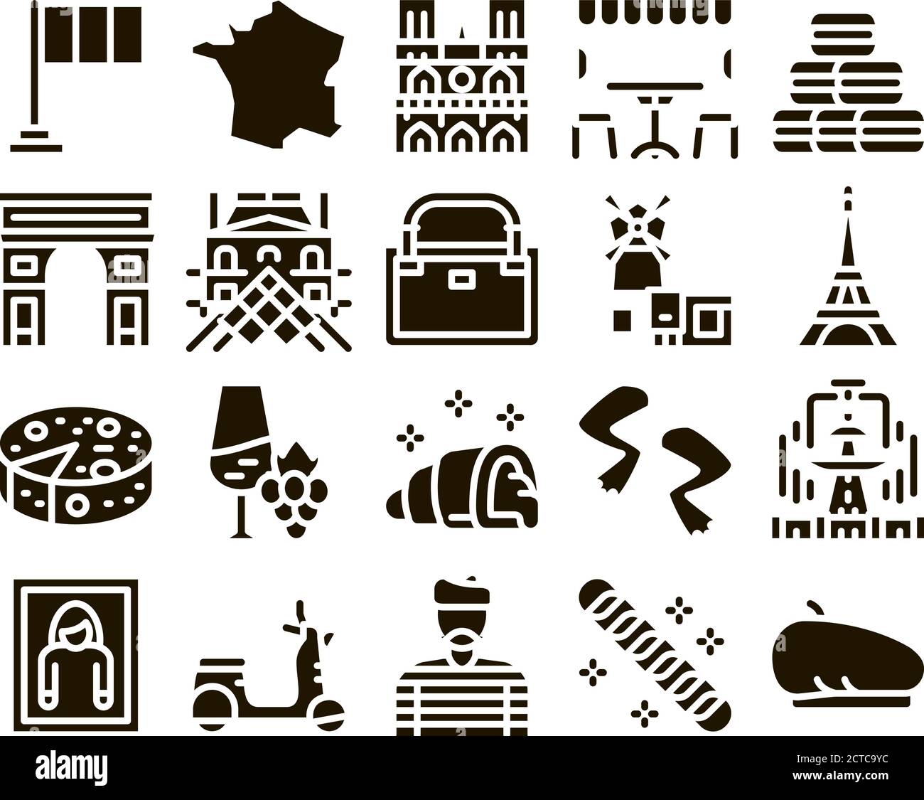 France Country Travel Glyph Set Vector Illustration de Vecteur