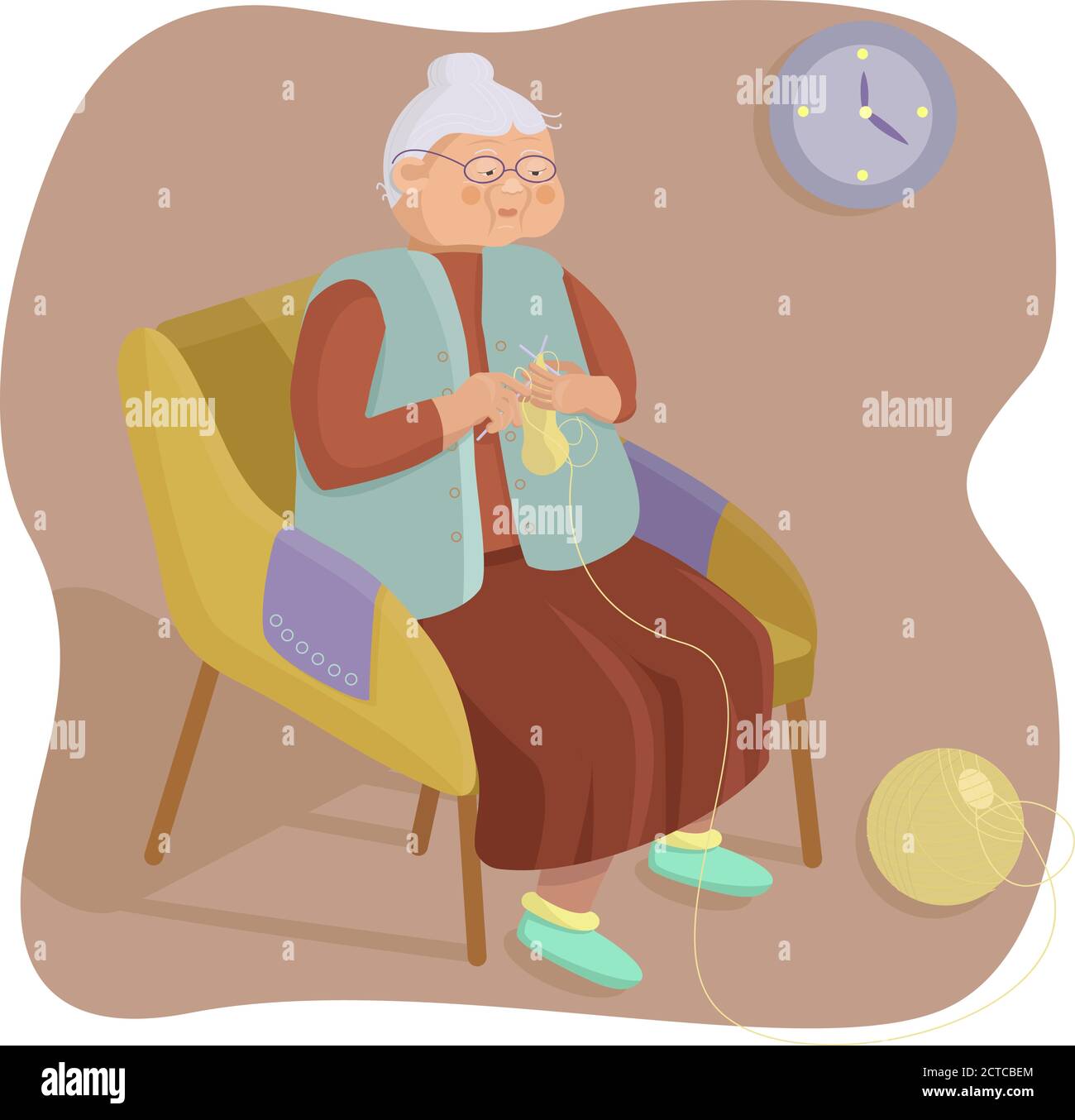Grand-mère tricots chaussettes. Elle est pensionnée. L'image est plate. Illustration de Vecteur