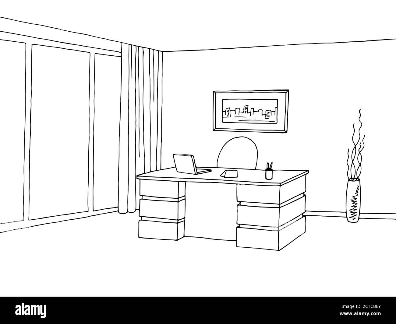 Illustration vectorielle de l'intérieur de la salle de bureau avec dessin noir blanc Illustration de Vecteur