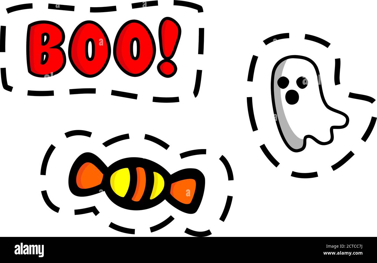 Halloween bande dessinée fantôme, bonbons et onomatopoeia boo! avec découpe Illustration de Vecteur