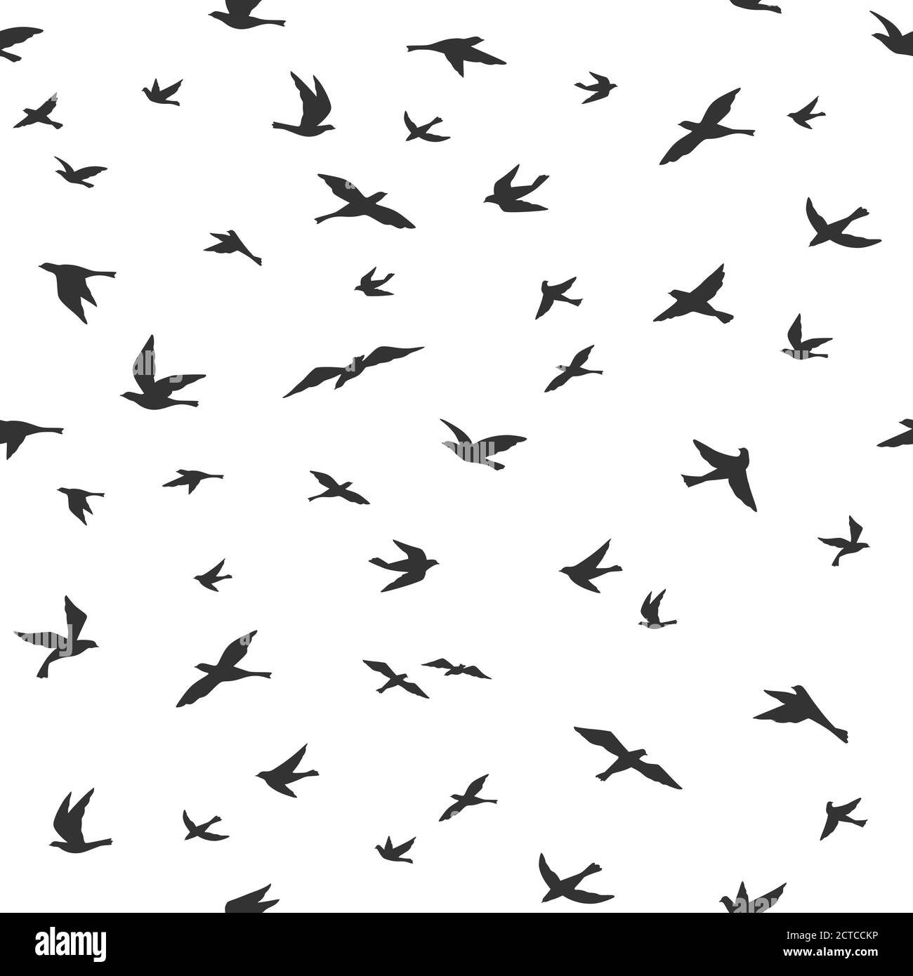 Motif oiseau volant sans couture. Dessin d'oiseaux floqué vol, abstrait silhouettes aériennes noires dans le ciel, impression textile, papier peint vector texture. Colombes ou Illustration de Vecteur