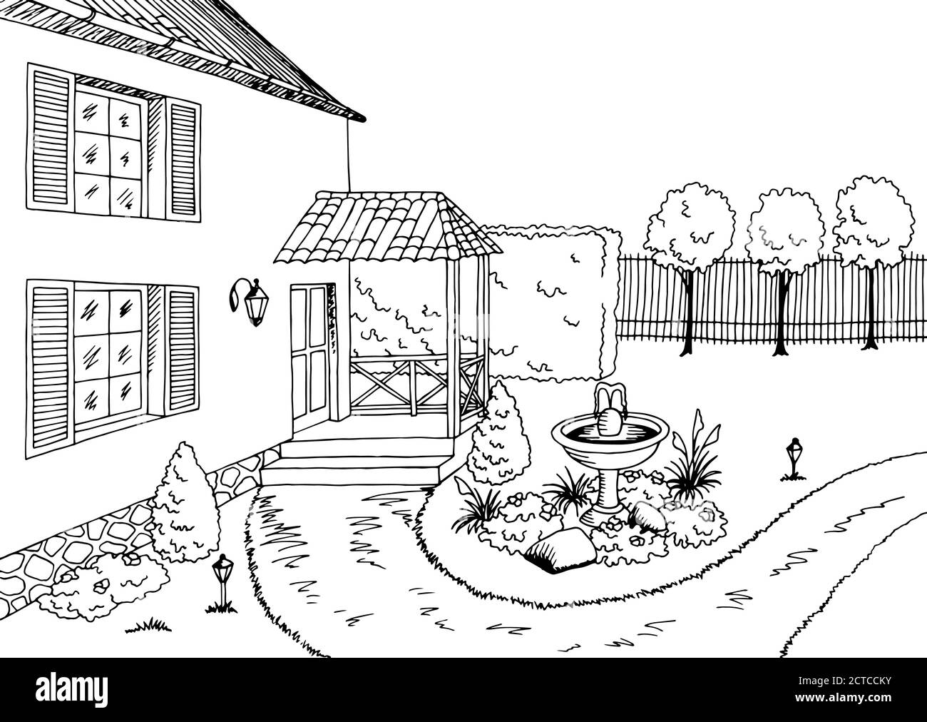 Graphique de jardin noir blanc paysage dessin vecteur d'illustration Illustration de Vecteur