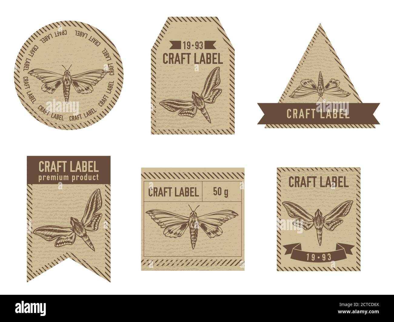 Étiquettes artisanales design vintage avec illustration de l'omambuyx moth, bagués de chasseur hawkmoth blanc Illustration de Vecteur