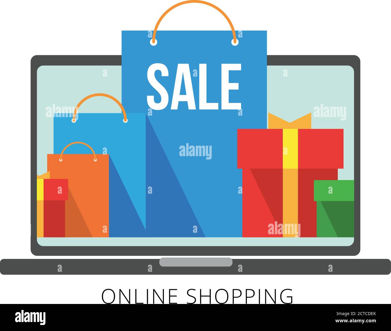 Des sacs et des boîtes à provisions lumineux et plats sur l'écran de l'ordinateur portable et à l'avant. Groupe de poches de papier rouge, vert et bleu. Affiche la boutique en ligne ou le magasin. ISO Illustration de Vecteur