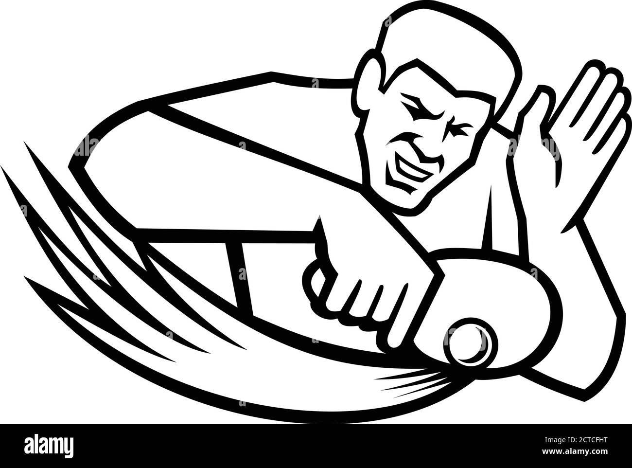 Mascotte noir et blanc illustration d'un tennis de table ou un joueur de ping-pong bloquant une balle de ping-pong avec paddle ou raquette vue de devant sur isoler Illustration de Vecteur